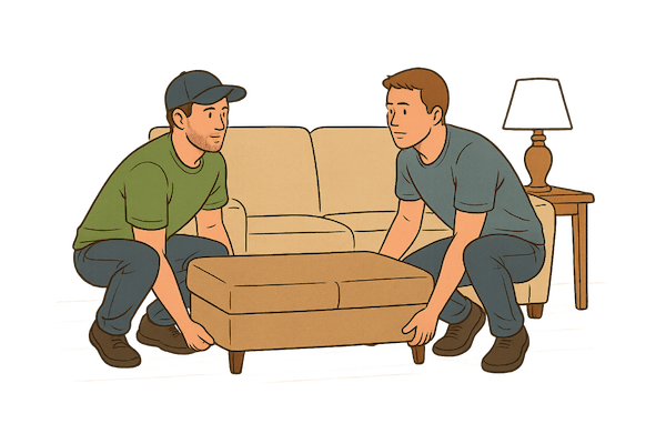 Technicians removing furniture from inside the home