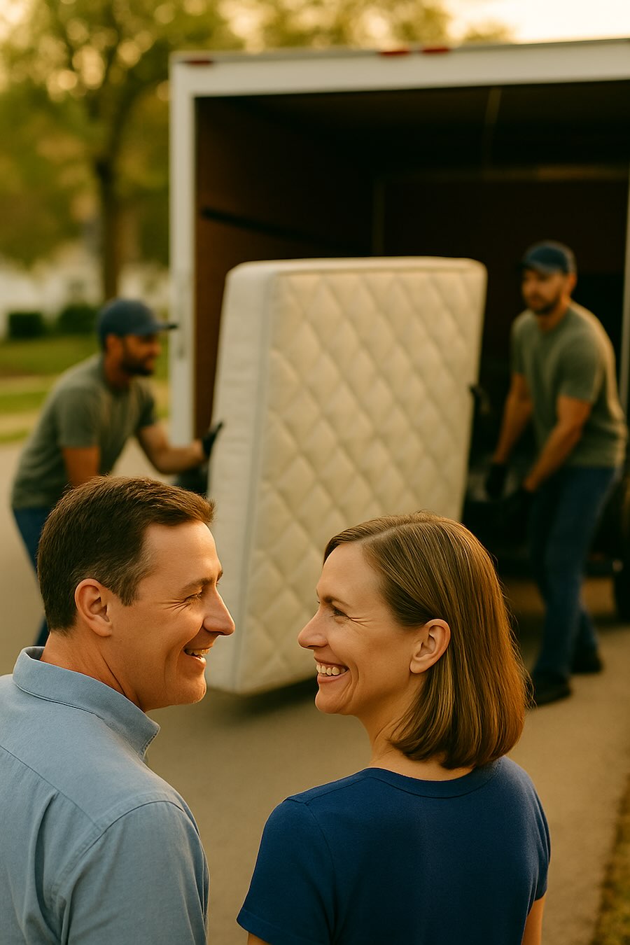 Local haulers loading a donated mattress into a truck during a pickup in West Huntington