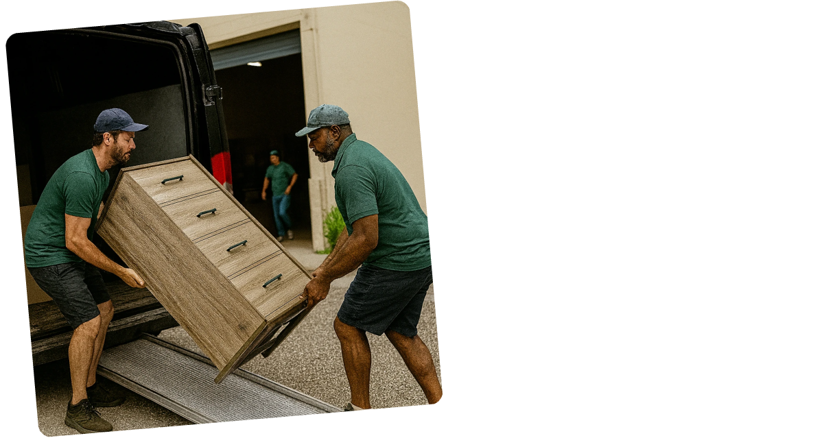 Two donation pros unloading bulky items at a local charity
