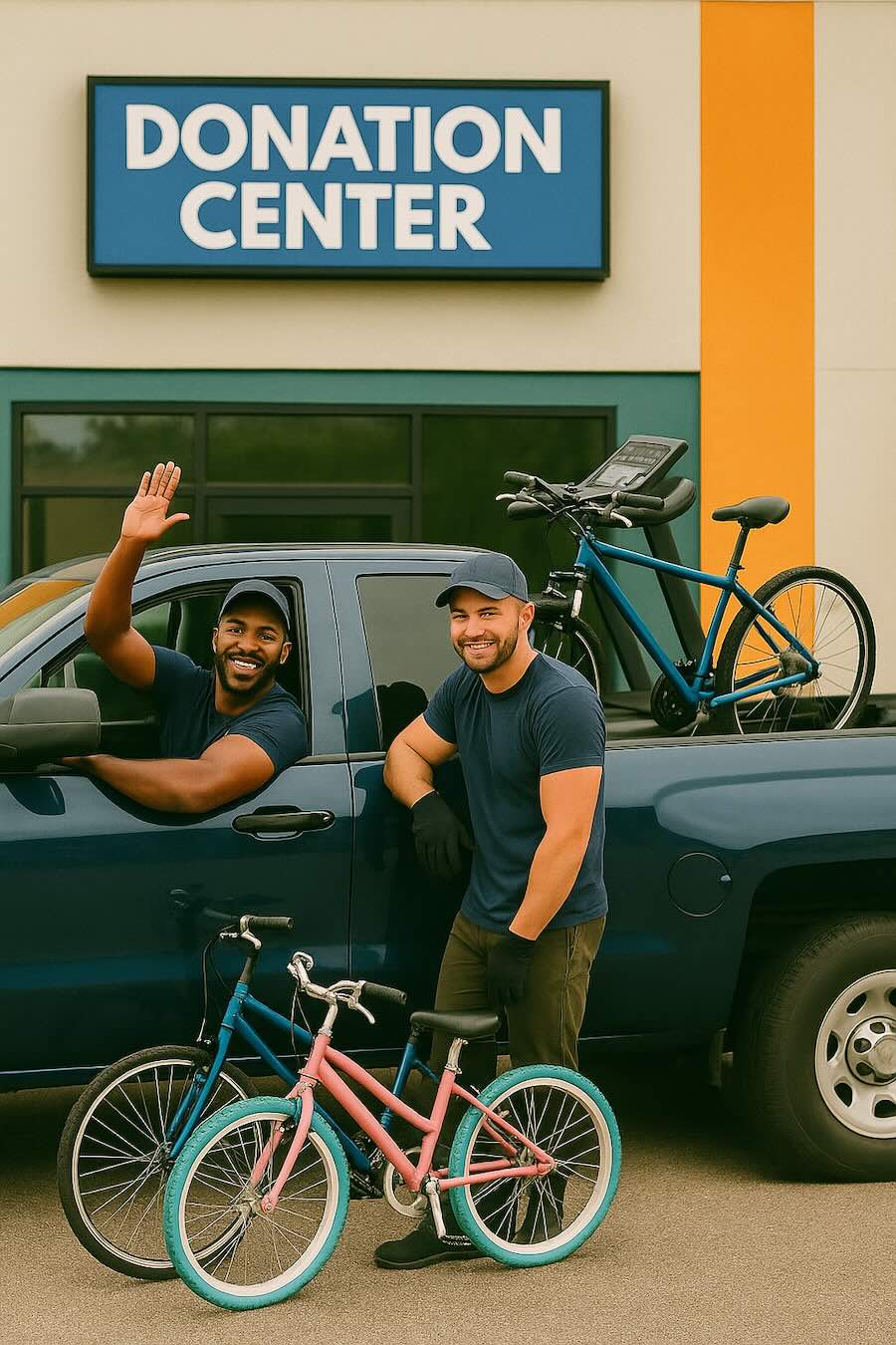 Local pros picking up a bicycle for charity donation delivery