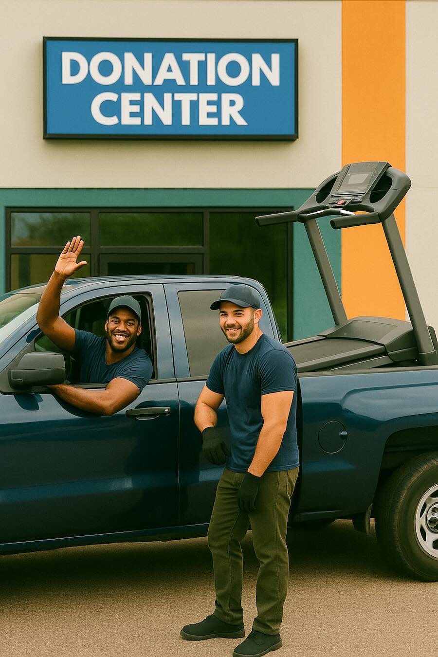 Local pros picking up a treadmill for charity donation delivery