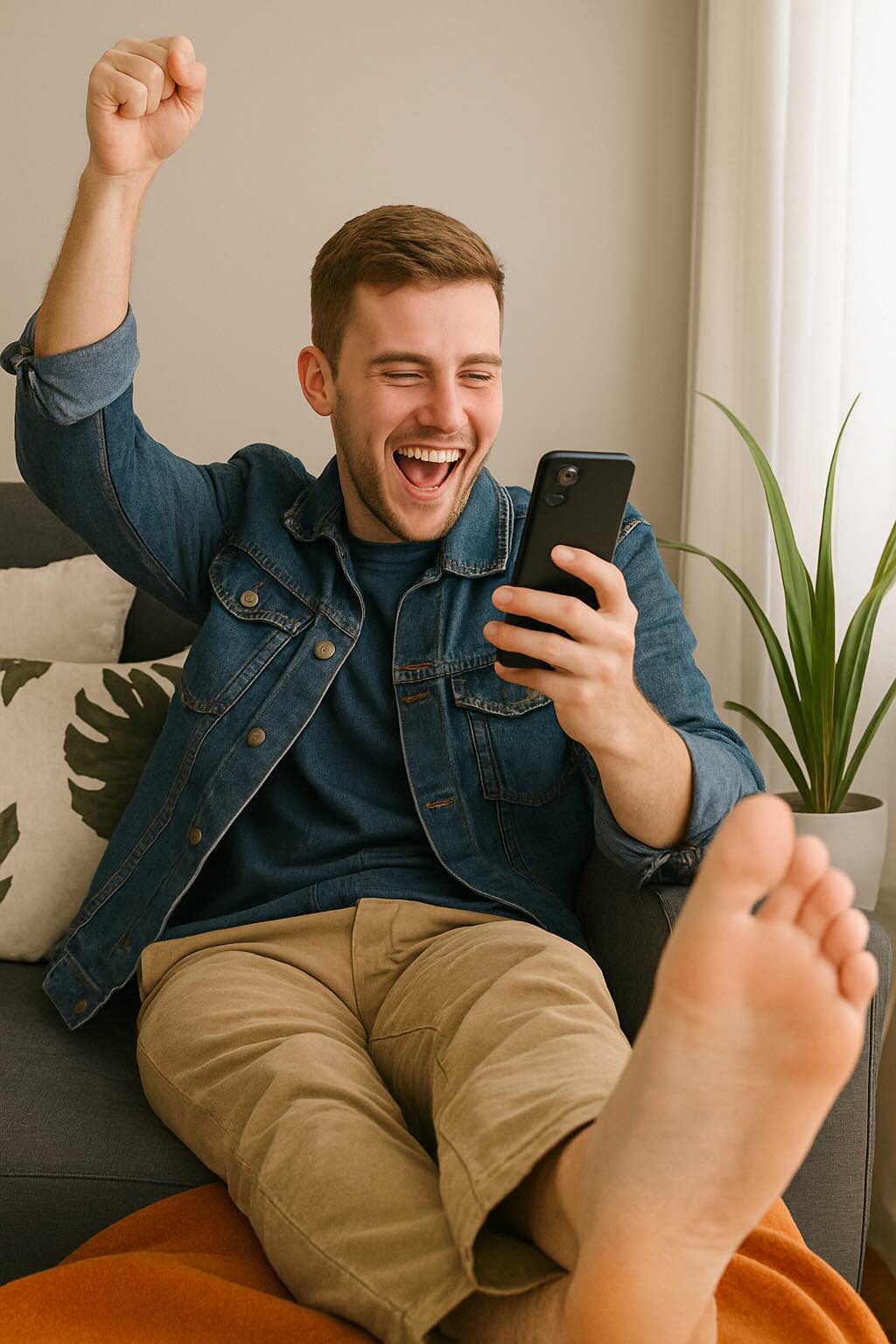 Man celebrating while booking a appliance donation pickup on his phone.