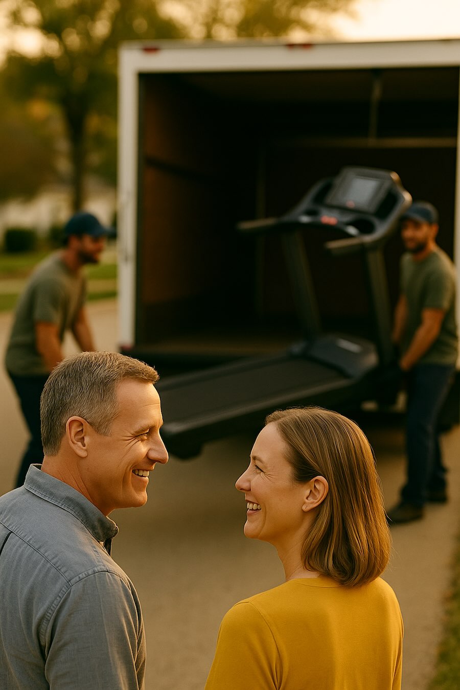 Local pros loading a donated treadmill for charity pickup