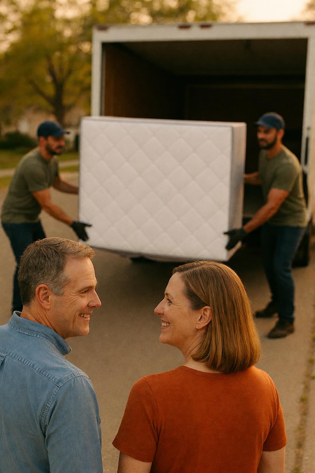 Local haulers loading a donated box spring into a truck during a pickup in Raceland
