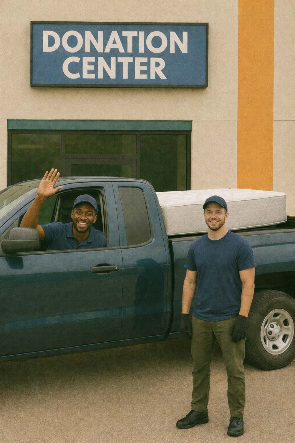 Two haulers standing beside a pickup truck loaded with a box spring outside a donation center