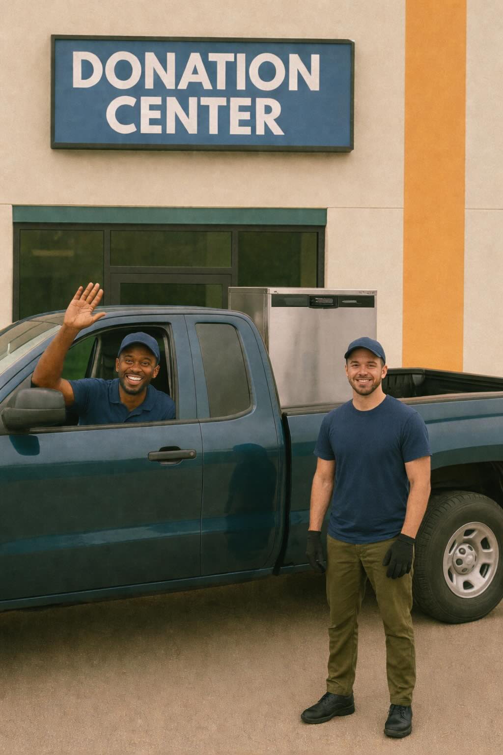 Two haulers standing beside a pickup truck loaded with a dishwasher outside a donation center