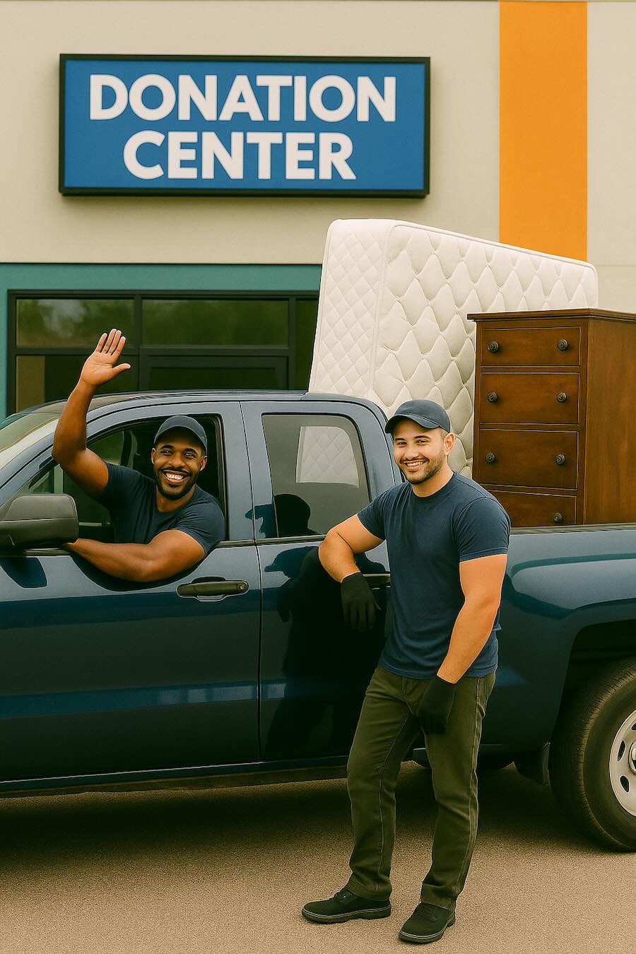 Two haulers standing beside a pickup truck loaded with a dresser outside a donation center