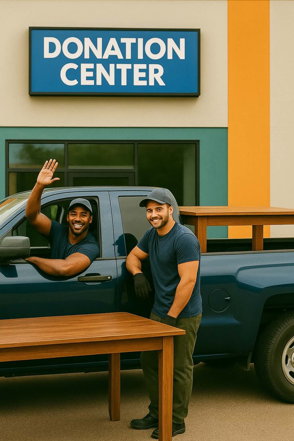 Two haulers standing beside a pickup truck loaded with a table outside a donation center