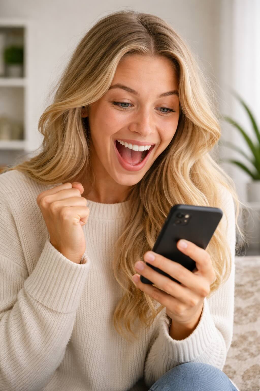 Woman celebrating while booking a recliner donation pickup on her phone.