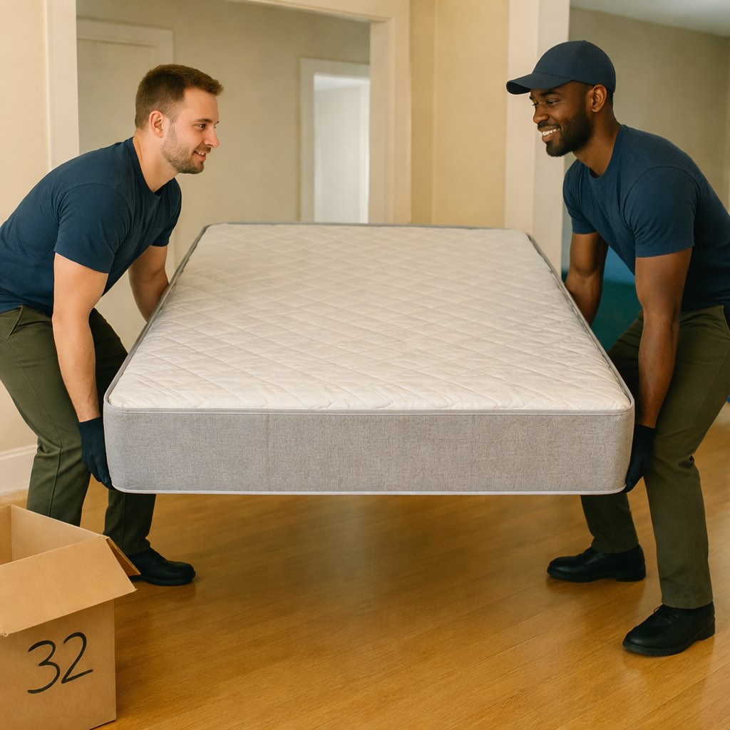 Two haulers lifting a heavy box spring during an in-home pickup