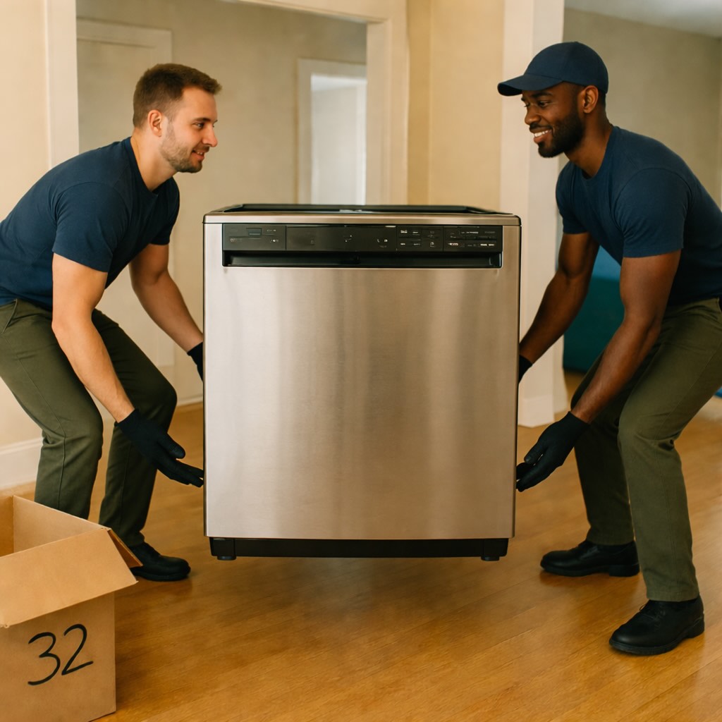 Two haulers lifting a heavy dishwasher during an in-home pickup