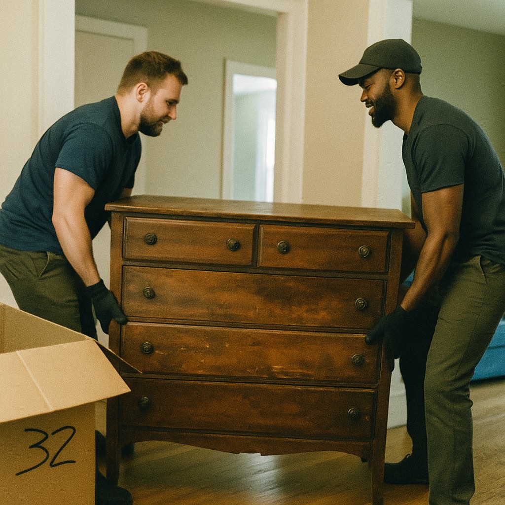 Two haulers lifting a heavy dresser during an in-home pickup