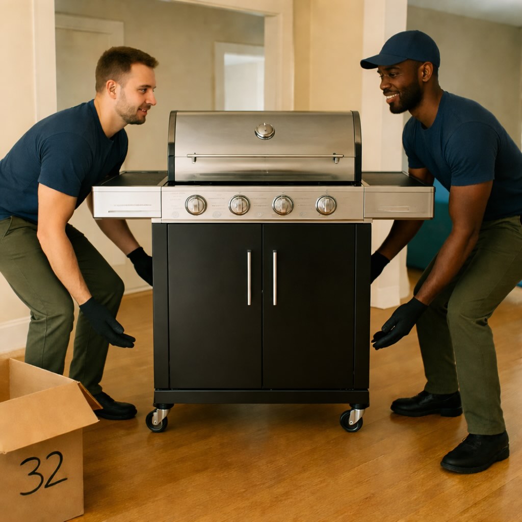 Two haulers lifting a heavy grill during an in-home pickup