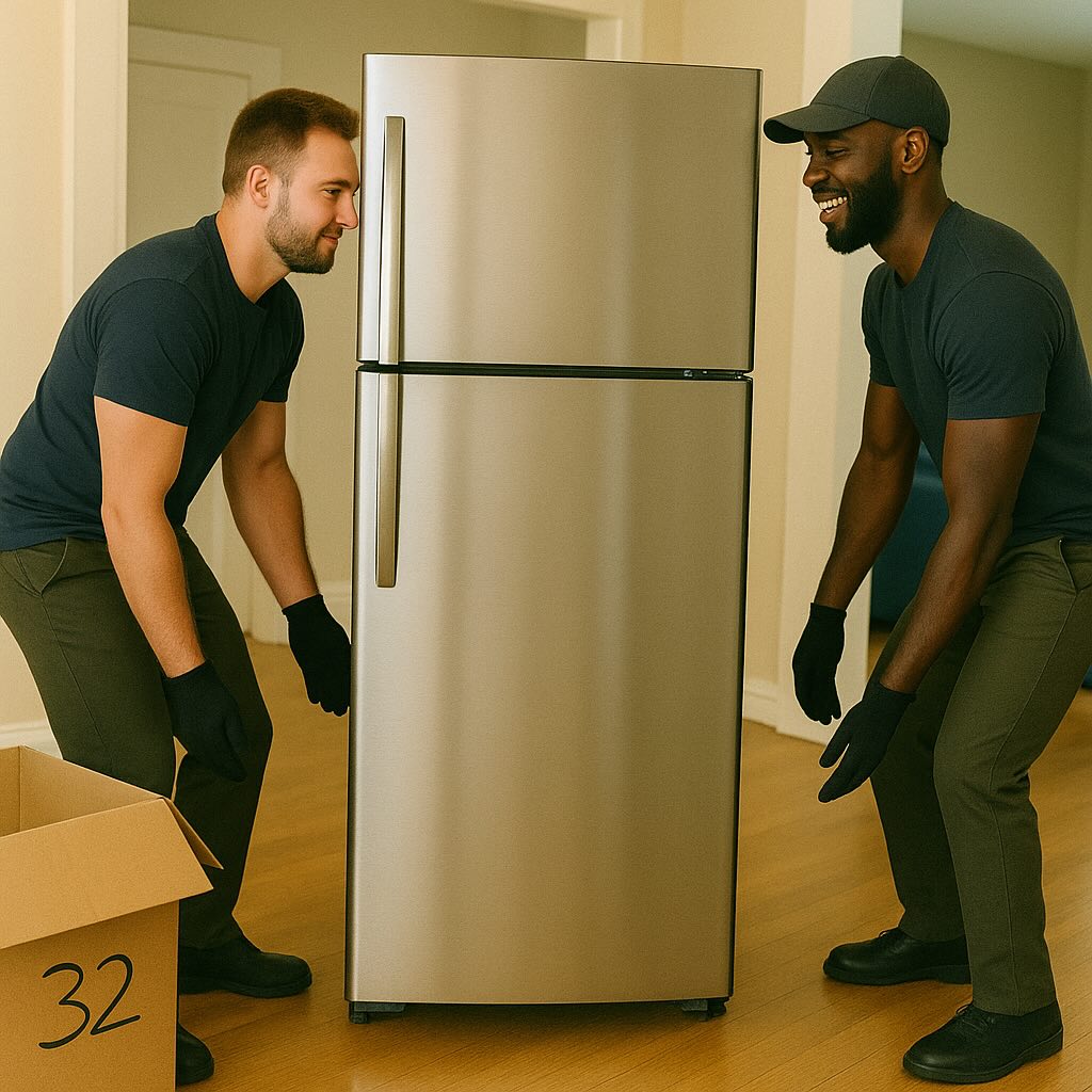 Two haulers lifting a heavy refrigerator during an in-home pickup
