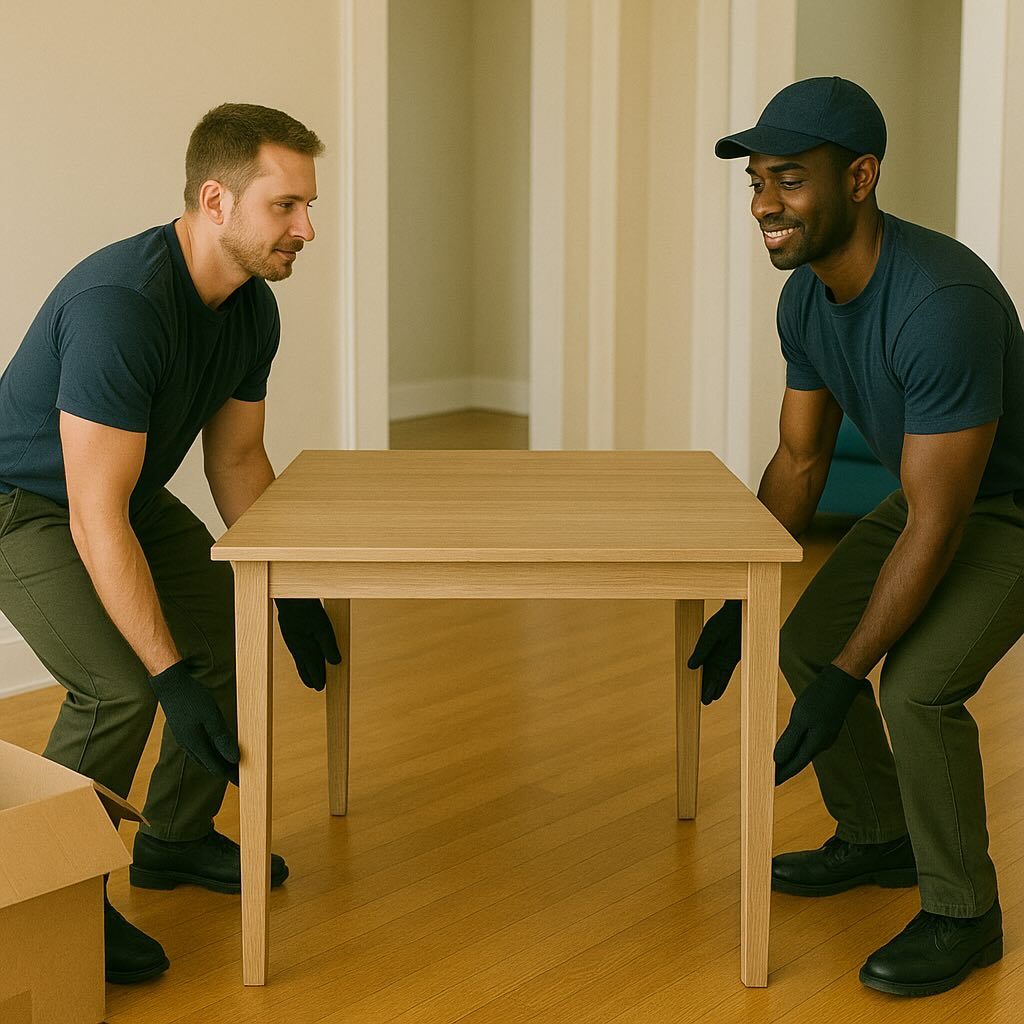 Two haulers lifting a heavy table during an in-home pickup