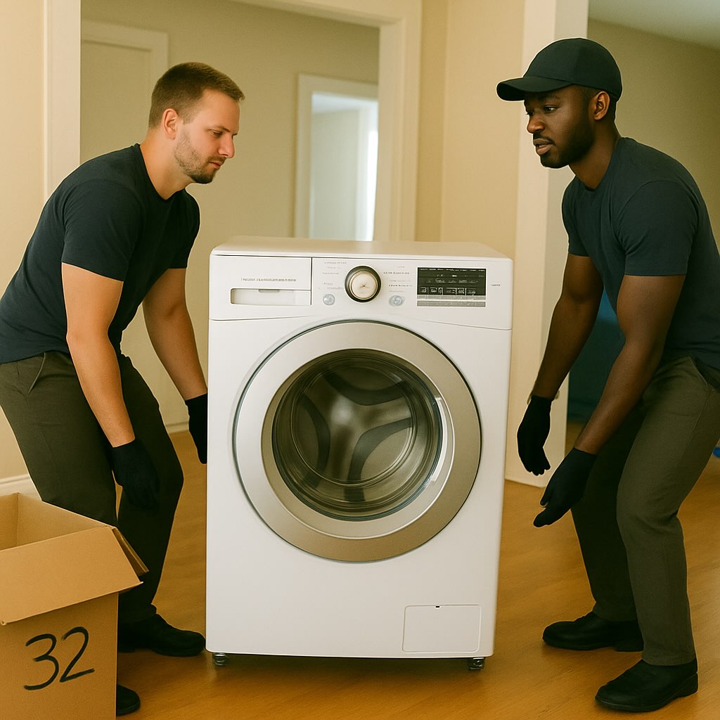 Two haulers lifting a heavy washer during an in-home pickup