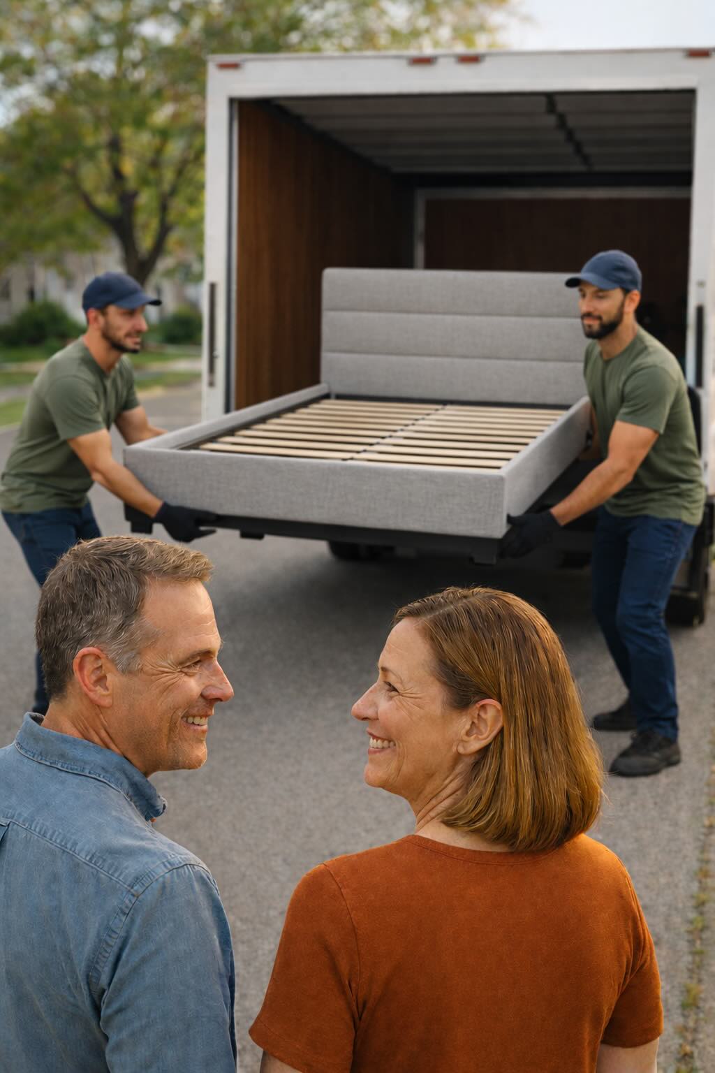 Local haulers loading a donated bed frame into a truck during a pickup in New Smyrna Beach
