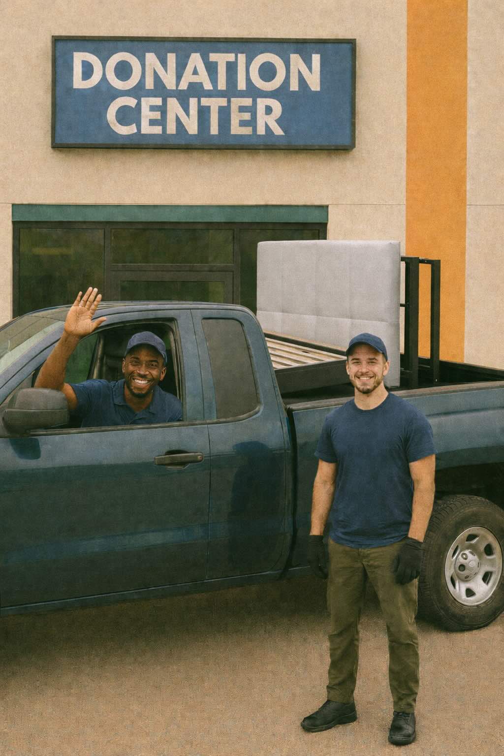 Two haulers standing beside a pickup truck loaded with a bed frame outside a donation center