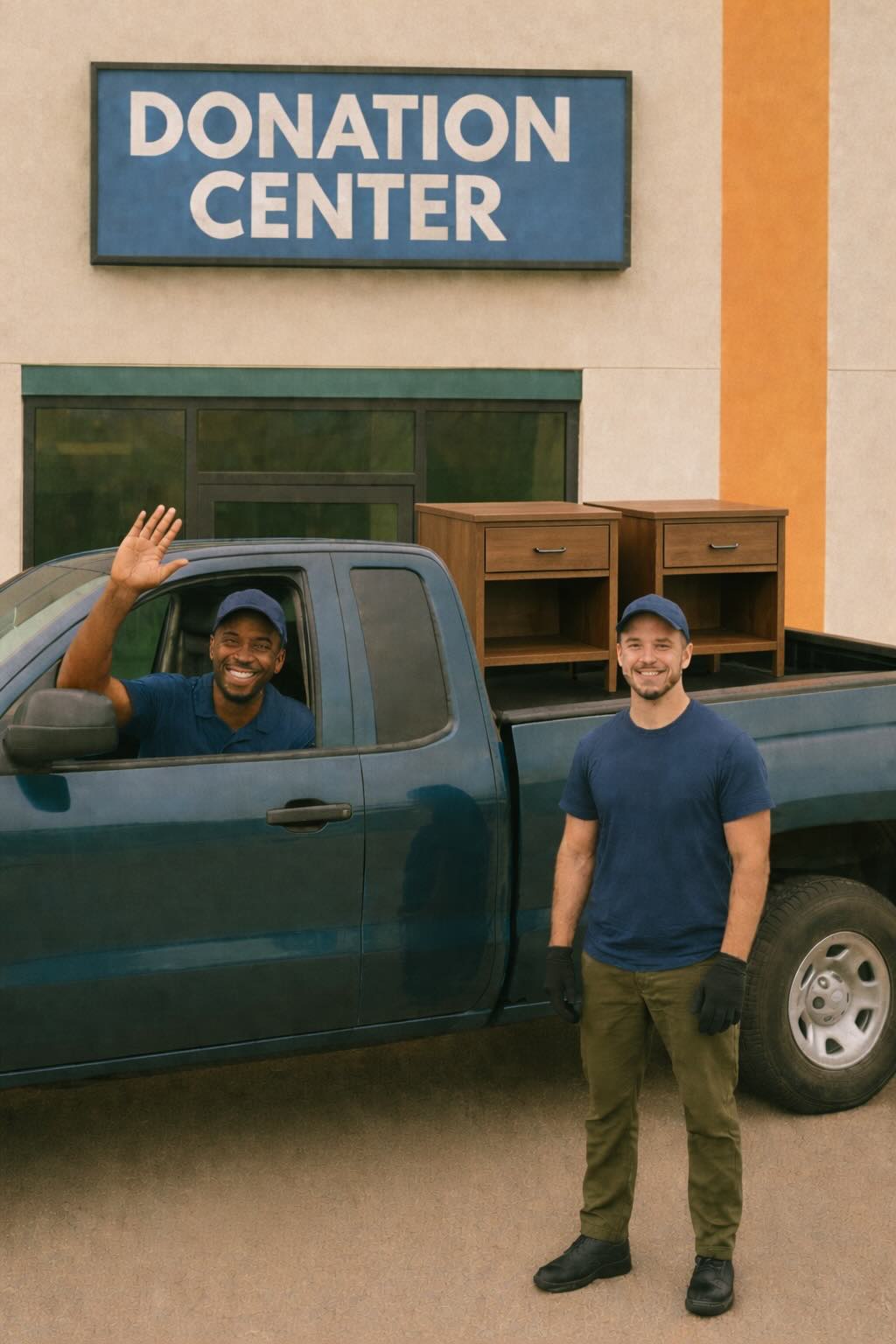 Two haulers standing beside a pickup truck loaded with a nightstand outside a donation center