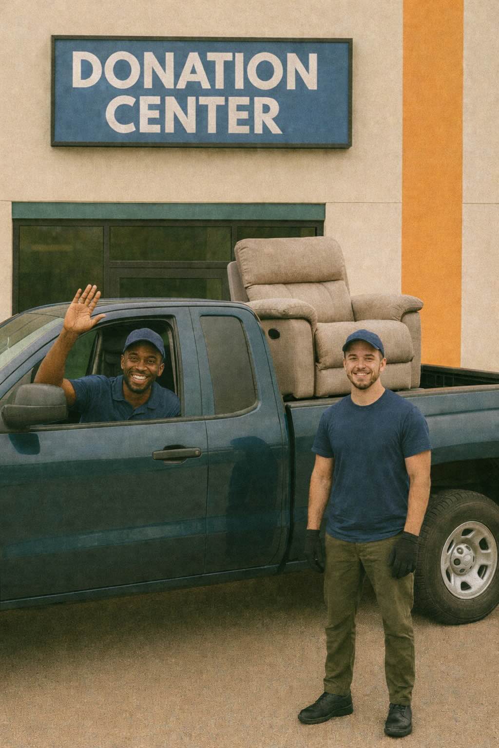 Two haulers standing beside a pickup truck loaded with a recliner outside a donation center