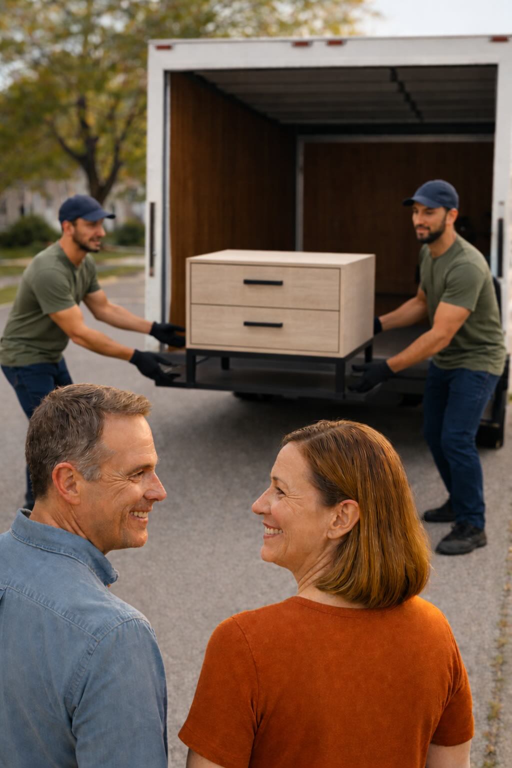 Local haulers loading a donated nightstand into a truck during a pickup in Lake Helen
