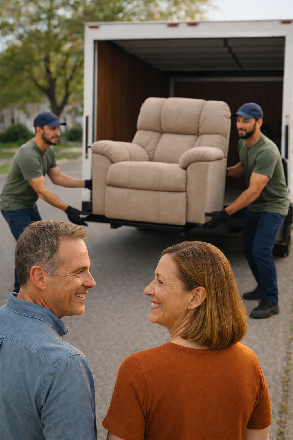 Local haulers loading a donated recliner into a truck during a pickup in Samsula-Spruce Creek