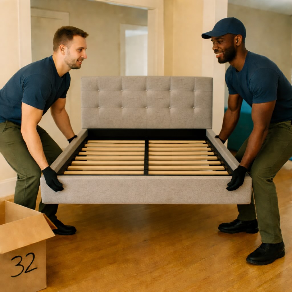 Two haulers lifting a heavy bed frame during an in-home pickup