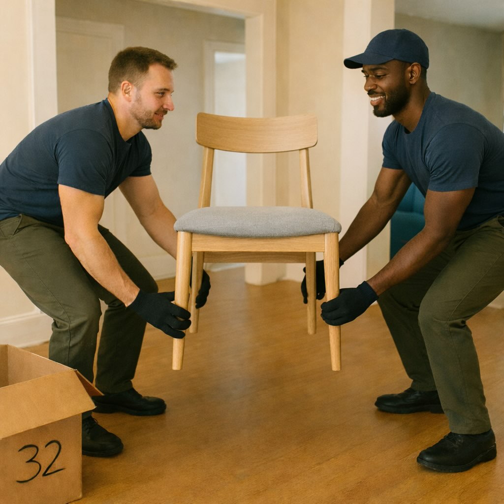 Two haulers lifting a heavy chairs during an in-home pickup