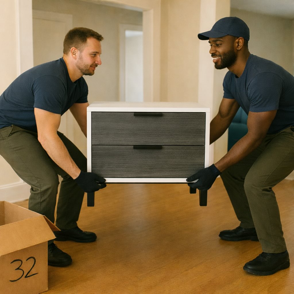 Two haulers lifting a heavy nightstand during an in-home pickup