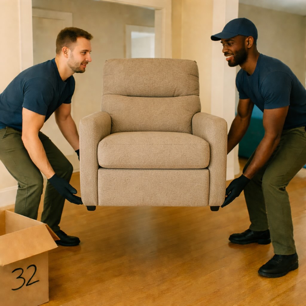 Two haulers lifting a heavy recliner during an in-home pickup