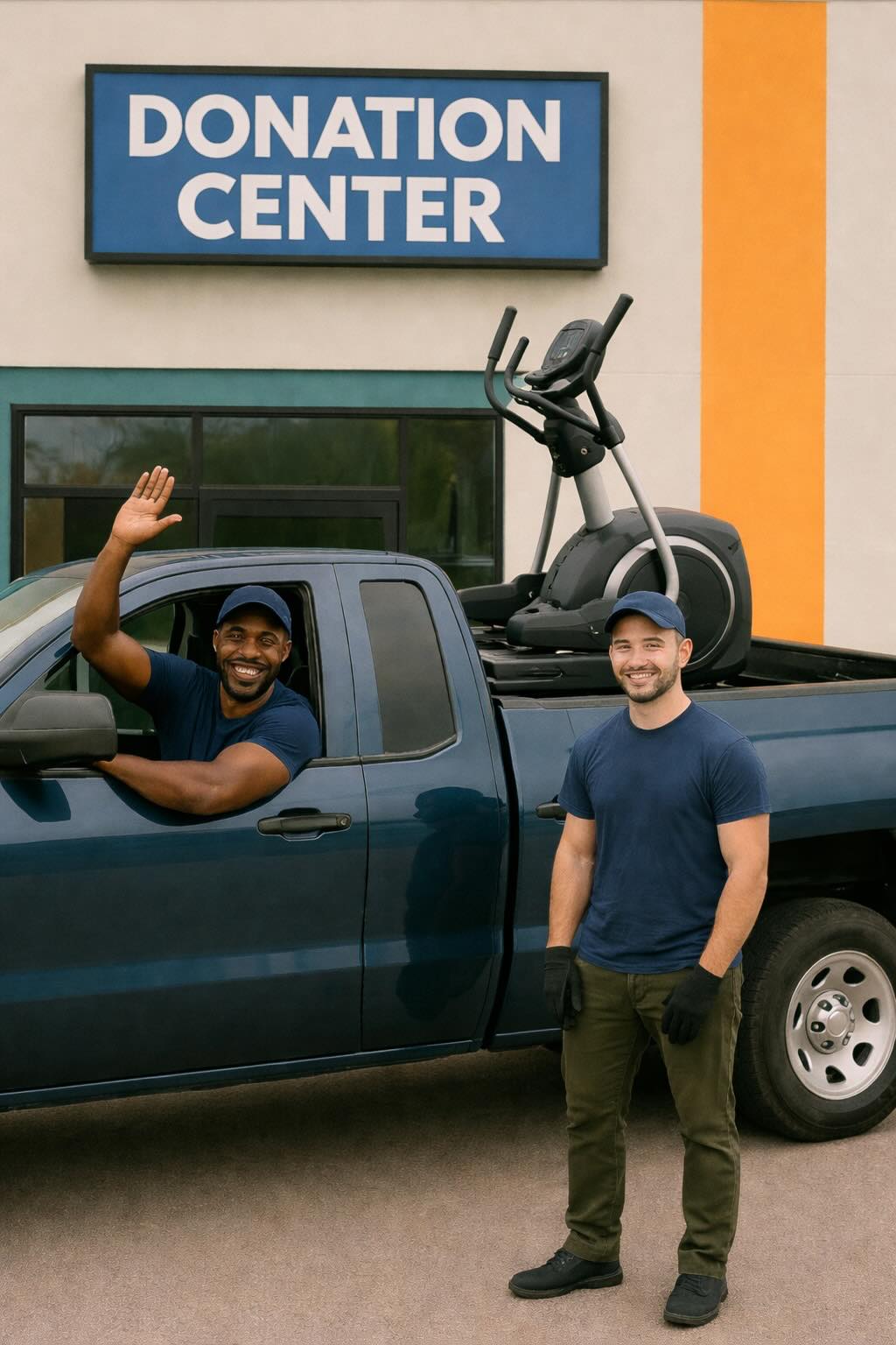 Two haulers standing beside a pickup truck loaded with a elliptical outside a donation center
