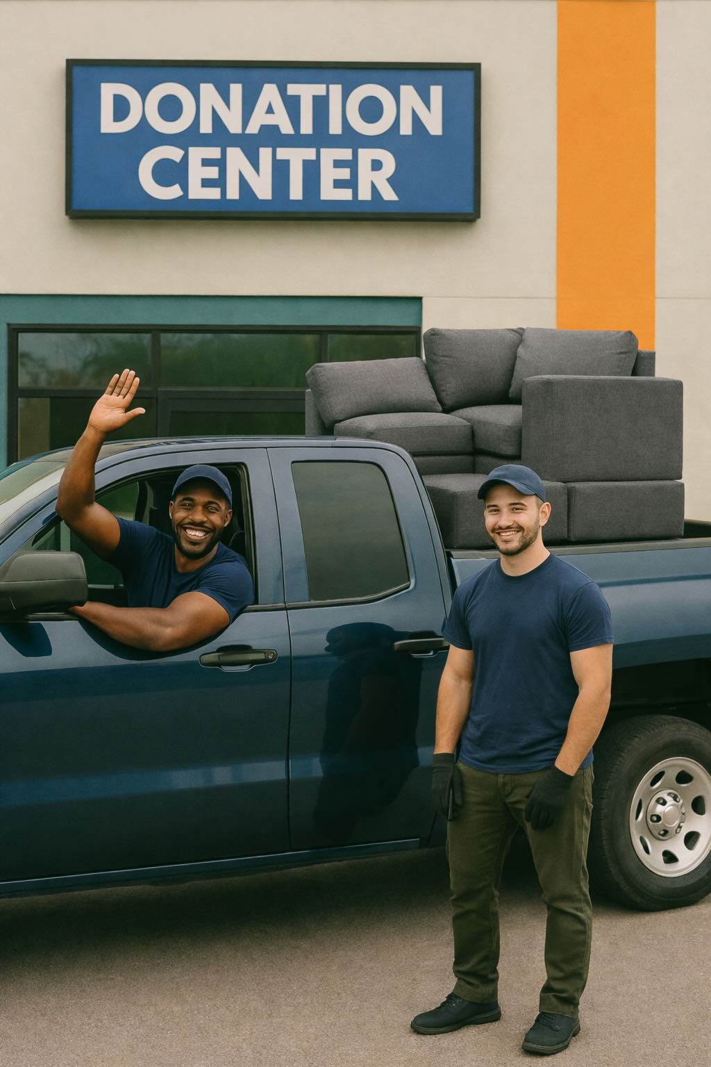 Two haulers standing beside a pickup truck loaded with a sectional sofa outside a donation center