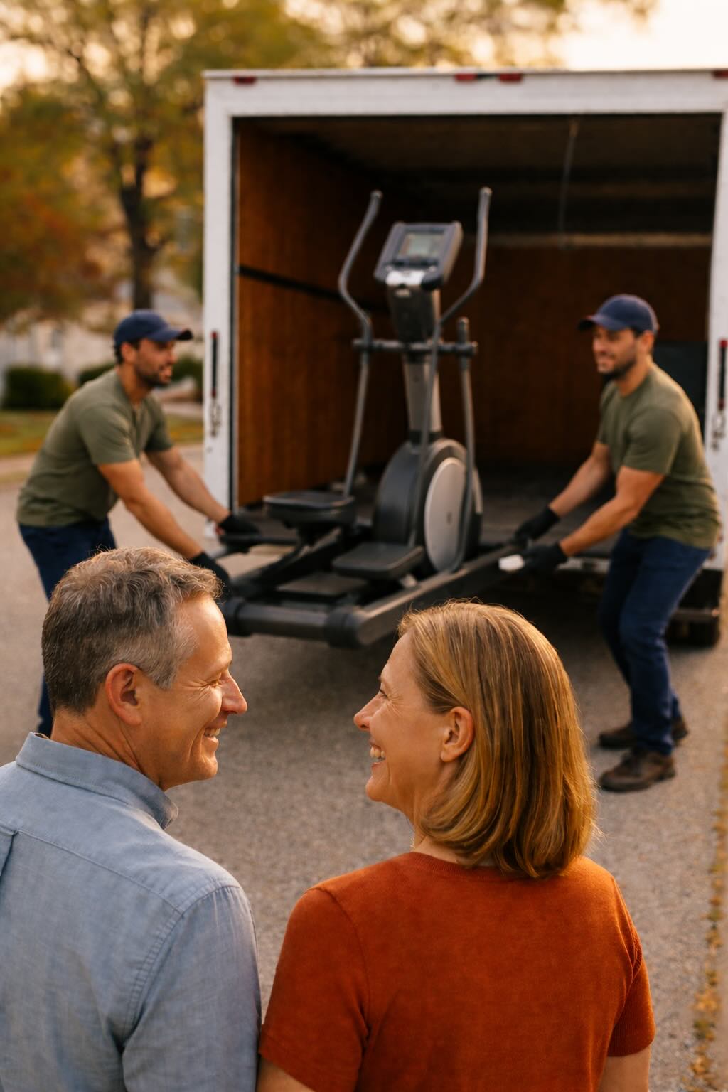 Local haulers loading a donated elliptical into a truck during a pickup in Royal Kunia