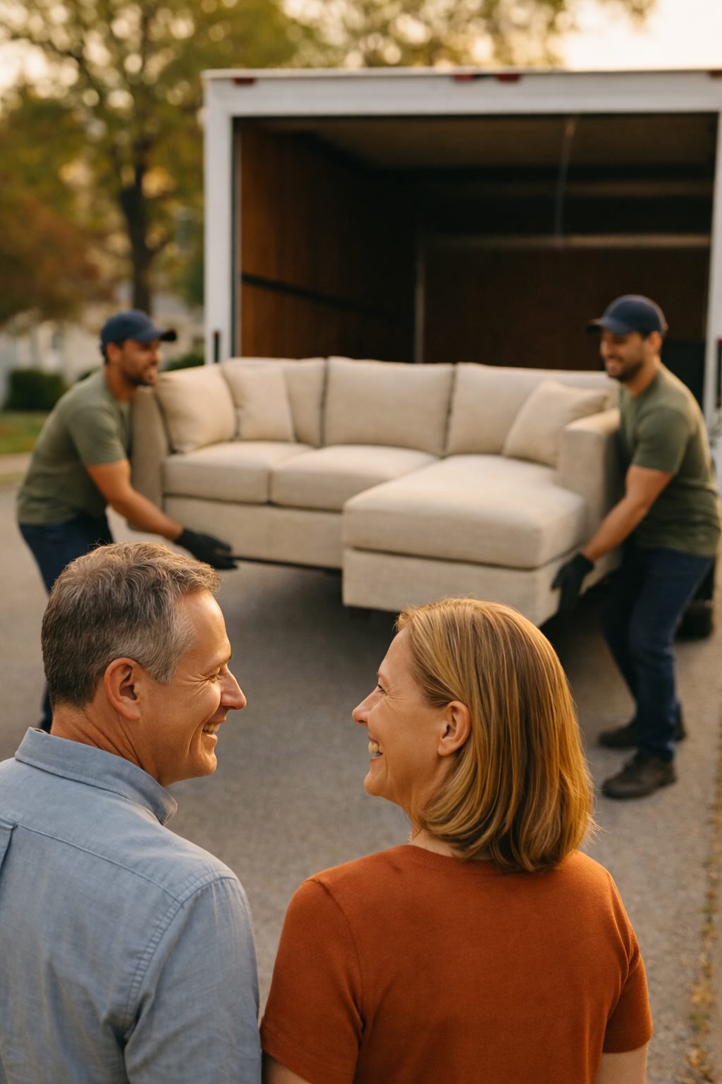 Local haulers loading a donated sectional sofa into a truck during a pickup in DeLeon Springs