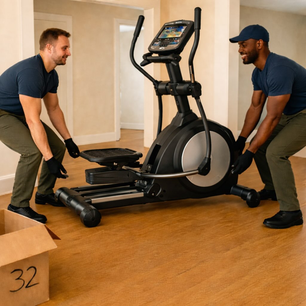 Two haulers lifting a heavy elliptical during an in-home pickup