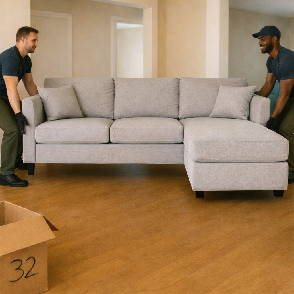 Two haulers lifting a heavy sectional sofa during an in-home pickup