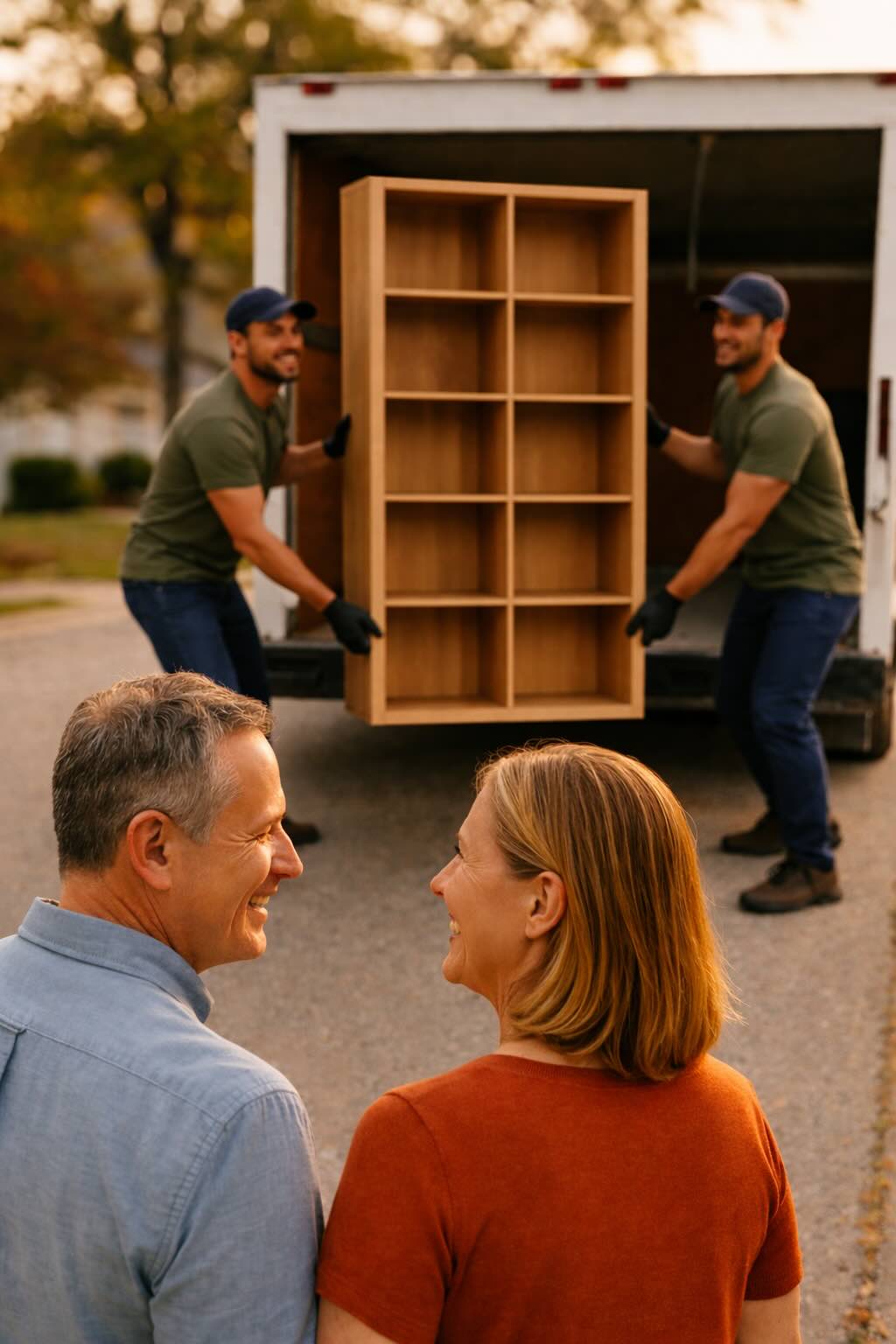 Local haulers loading a donated bookcase into a truck during a pickup in San Marino