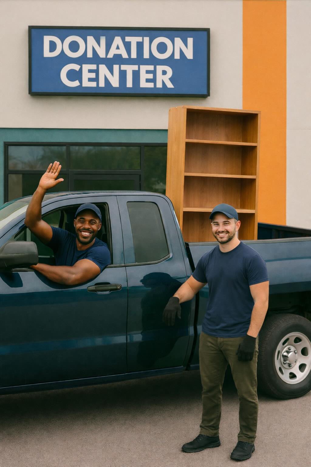Two haulers standing beside a pickup truck loaded with a bookcase outside a donation center