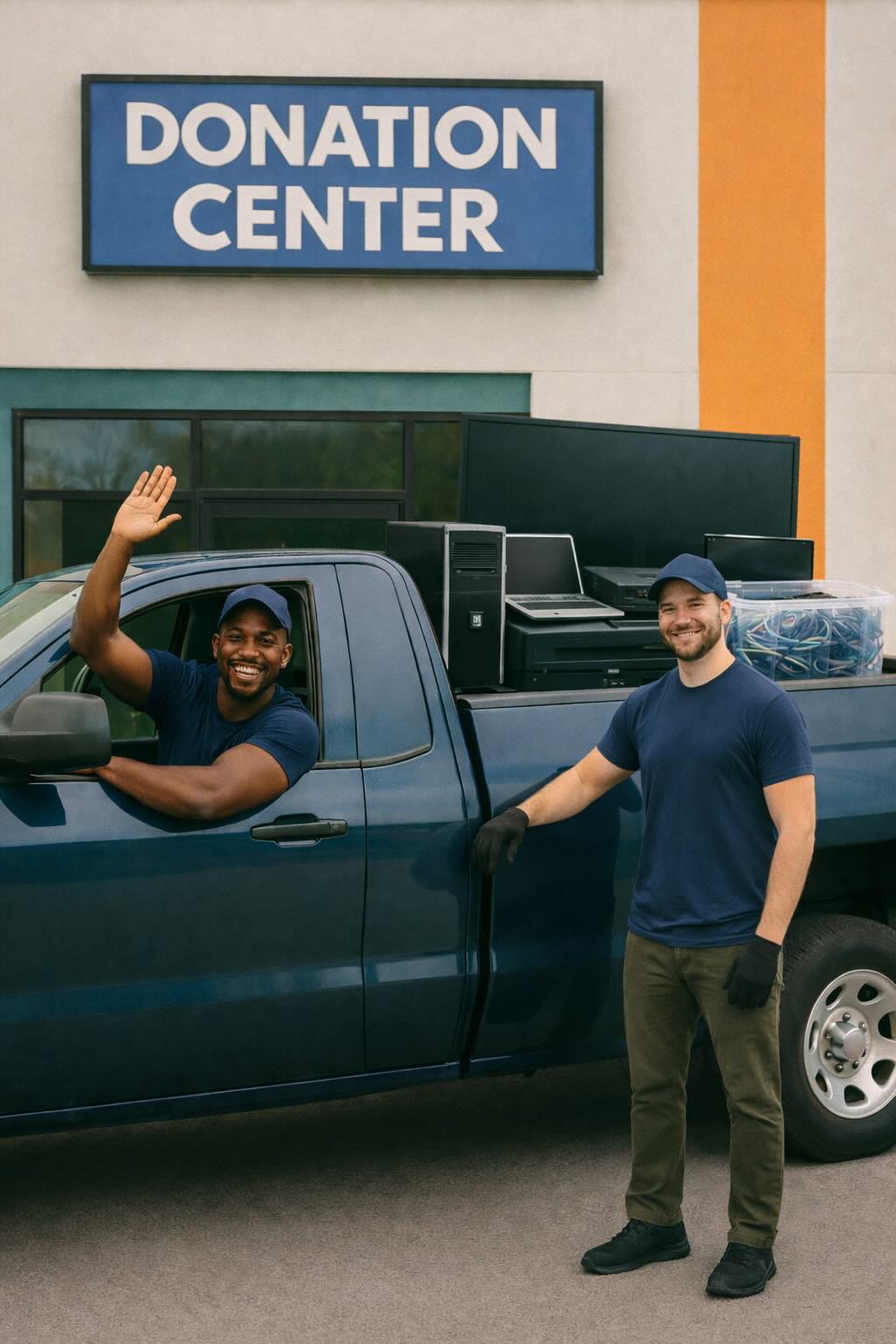 Two haulers standing beside a pickup truck loaded with a electronic outside a donation center