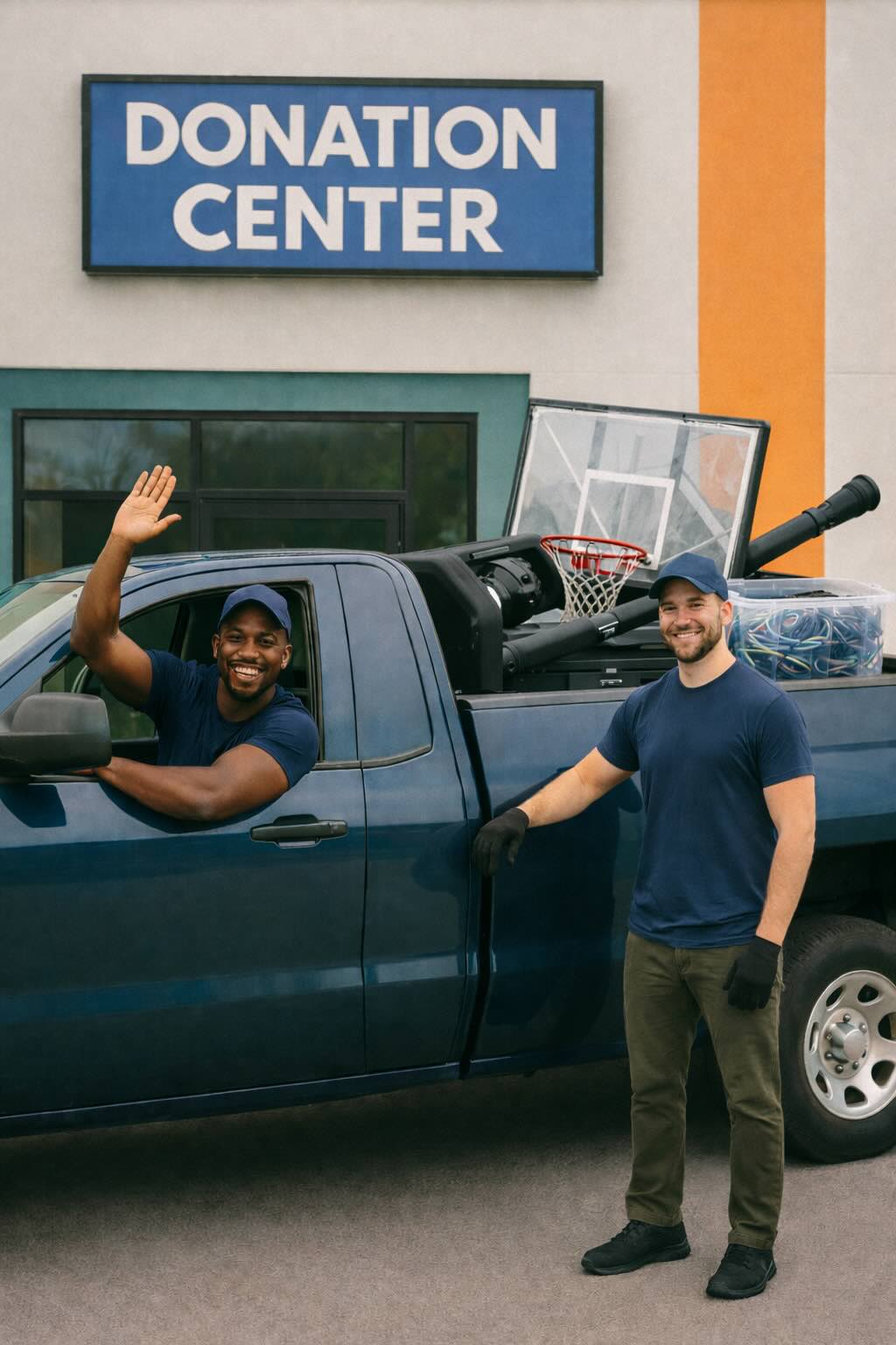 Two haulers standing beside a pickup truck loaded with a sporting good outside a donation center