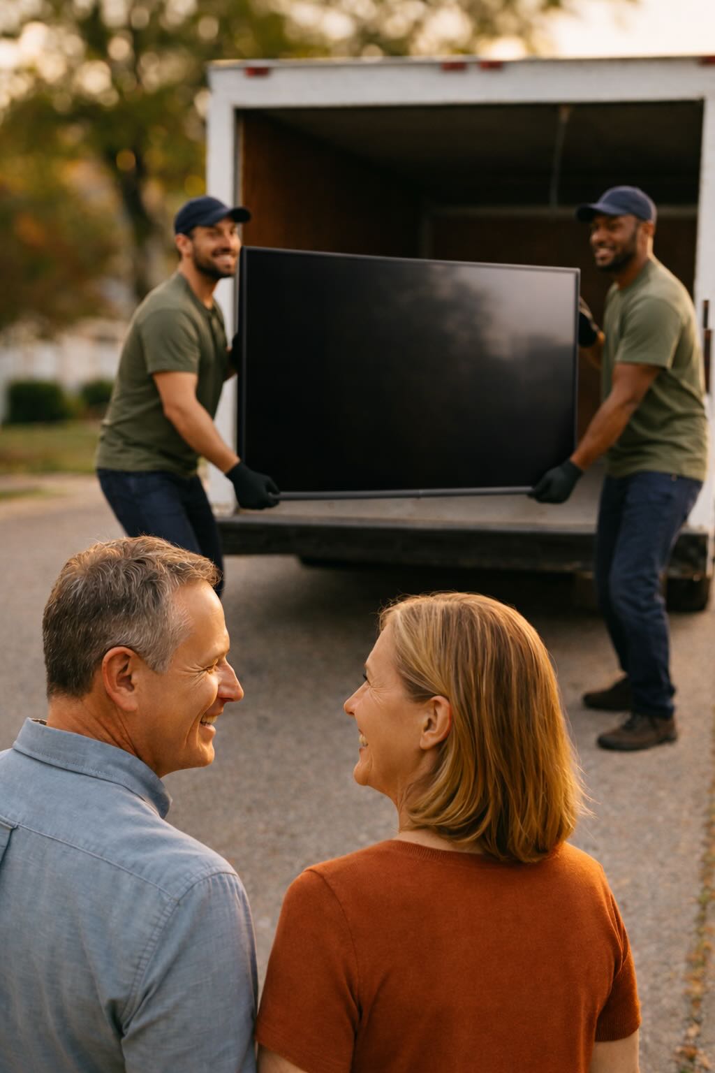 Local haulers loading a donated electronic into a truck during a pickup in Verplanck