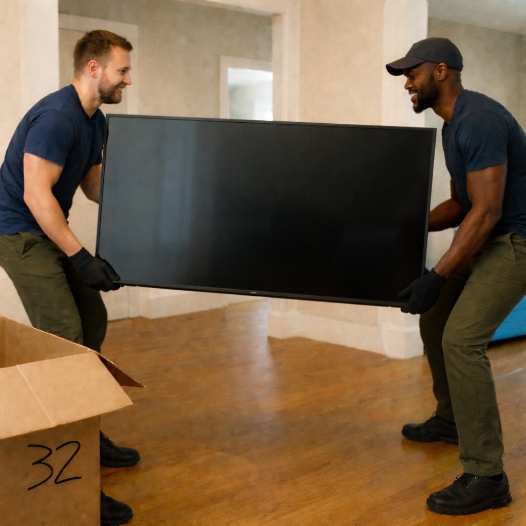 Two haulers lifting a heavy electronic during an in-home pickup