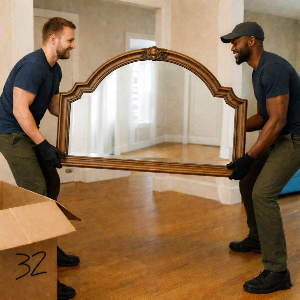 Two haulers lifting a heavy mirror during an in-home pickup