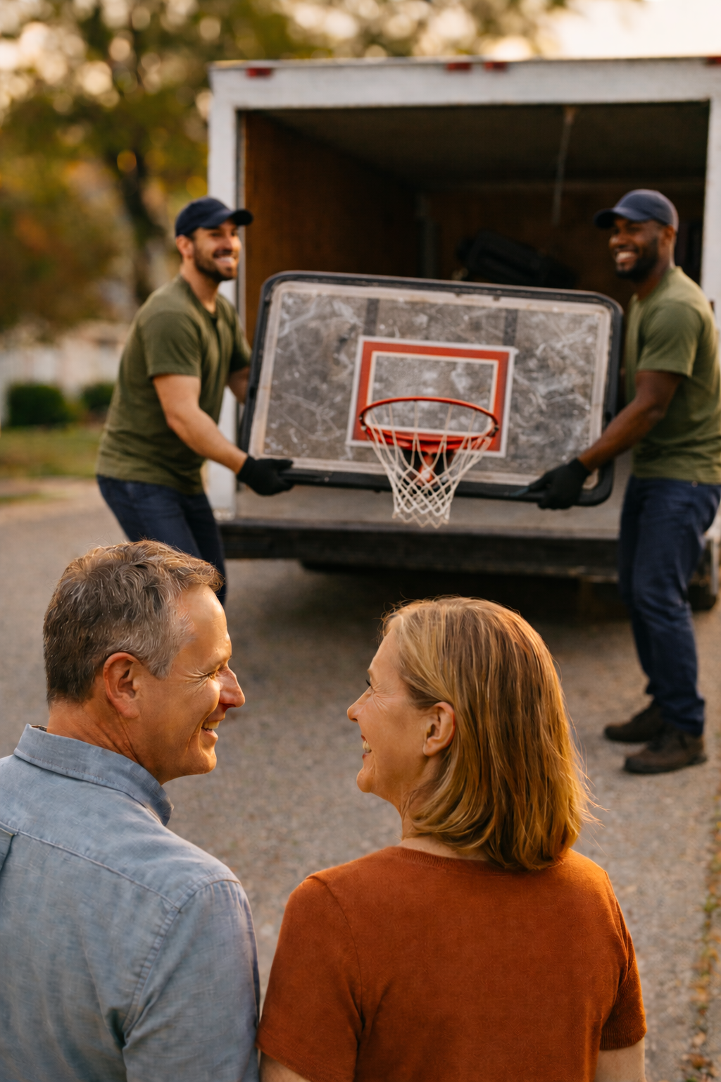 Local haulers loading a donated basketball goal into a truck during a pickup in North Oaks