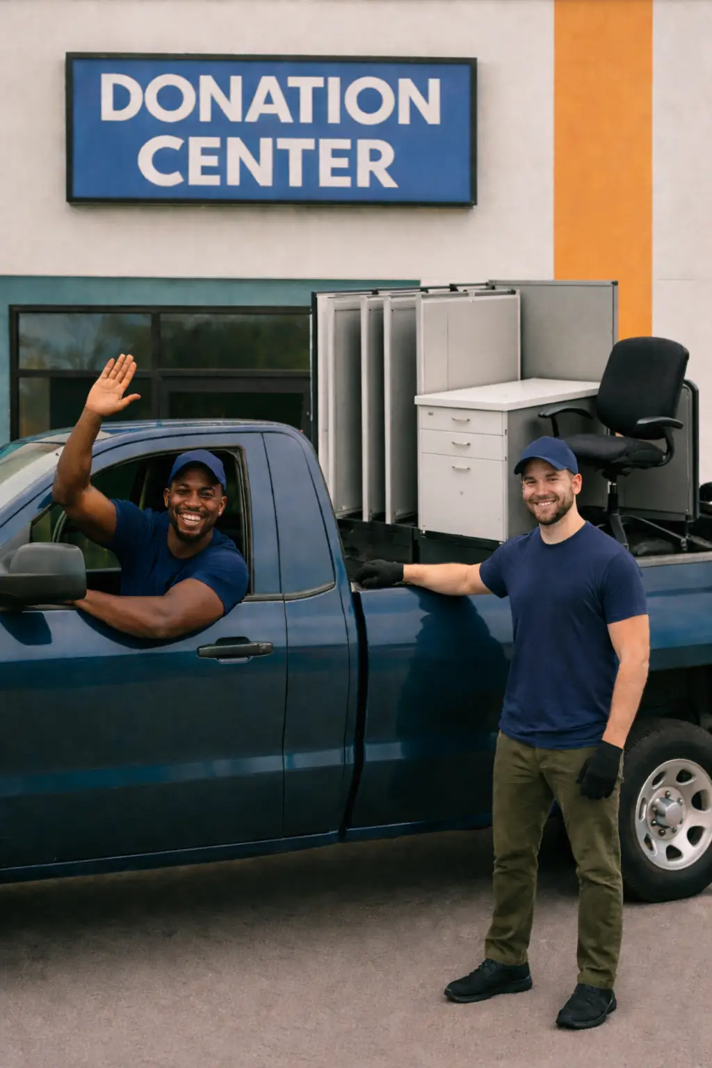 Two haulers standing beside a pickup truck loaded with a cubicle outside a donation center