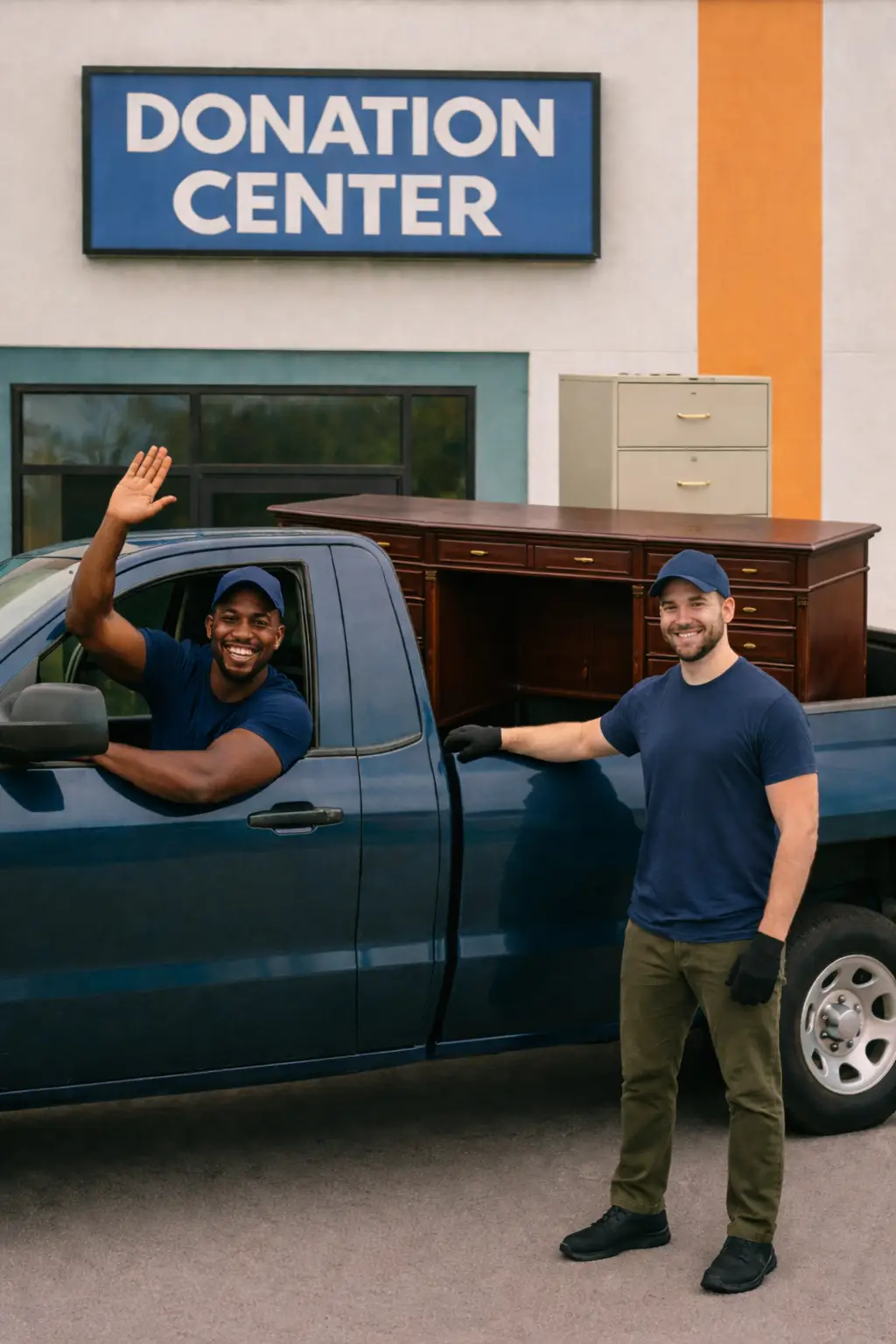 Two haulers standing beside a pickup truck loaded with a desk outside a donation center
