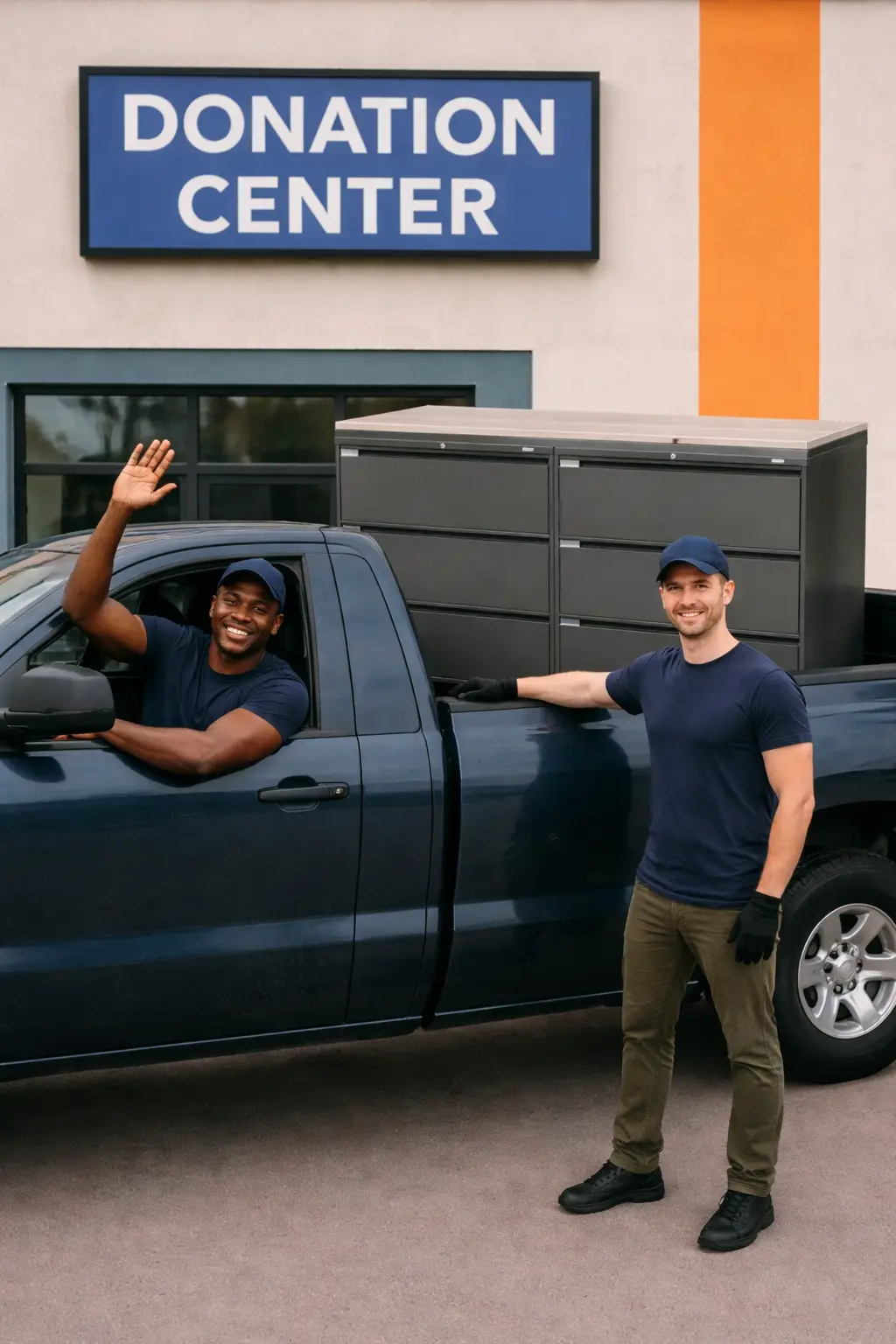 Two haulers standing beside a pickup truck loaded with a filing cabinet outside a donation center