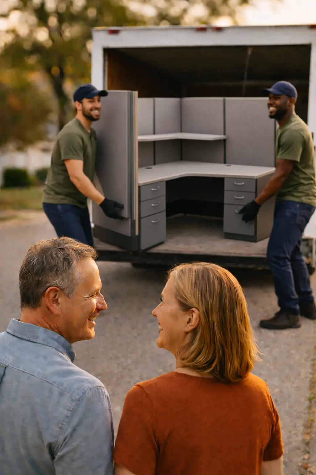 Local haulers loading a donated cubicle into a truck during a pickup in Rockford