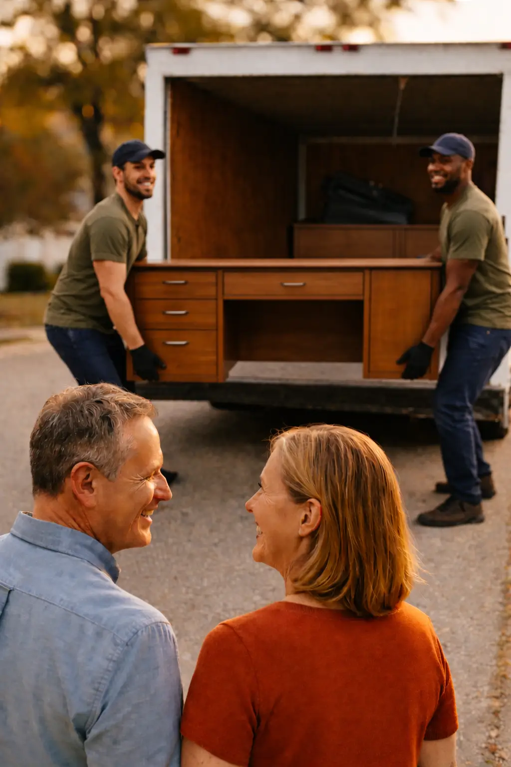 Local haulers loading a donated desk into a truck during a pickup in Forest Green Estates