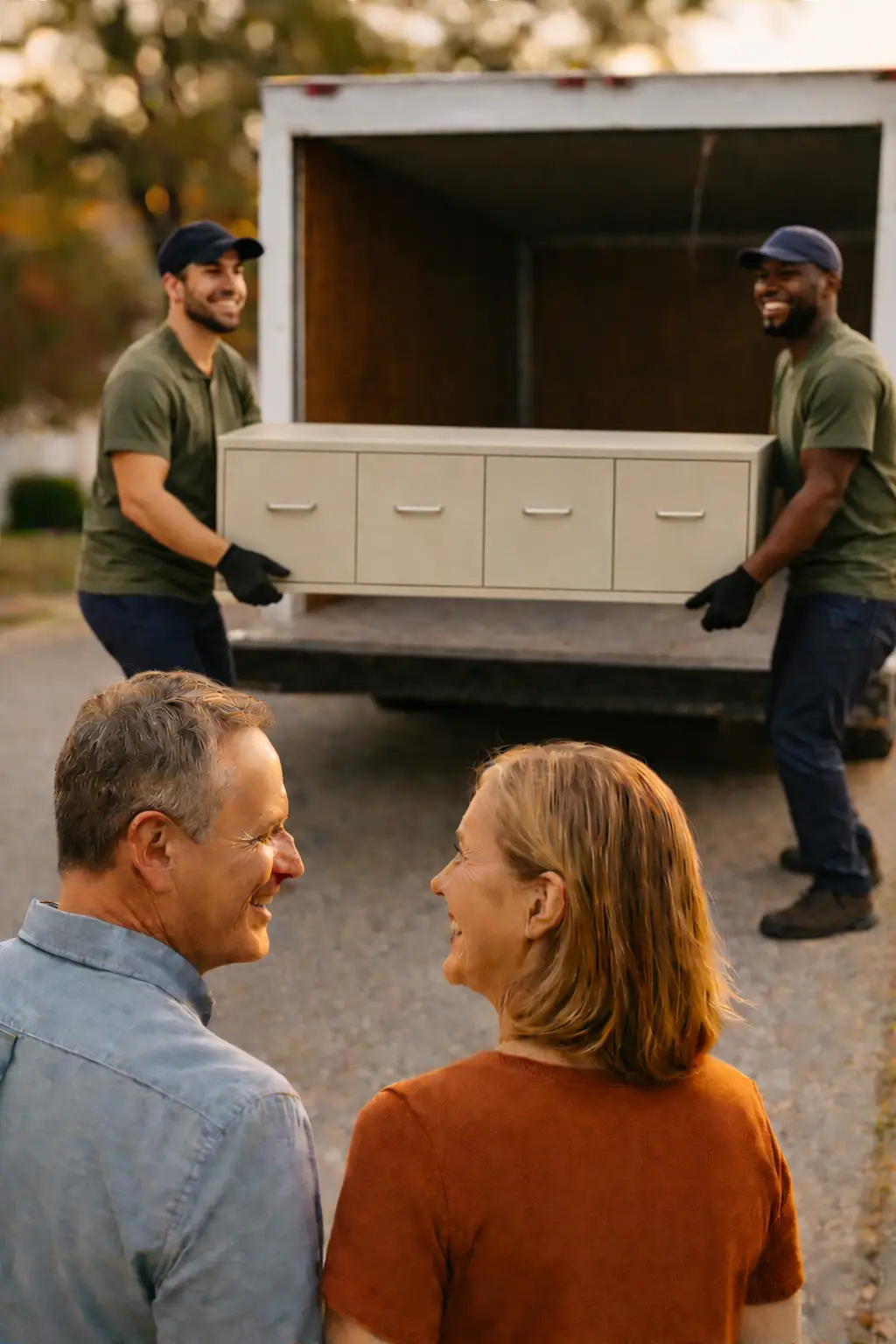 Local haulers loading a donated filing cabinet into a truck during a pickup in Medina